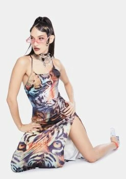 Jaded London Dresses Tiger Print Satin Tie Back Maxi Dress