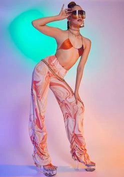 Jaded London Jogger Sweatpants Orange Swirl Ruched Hem Printed Knit Joggers