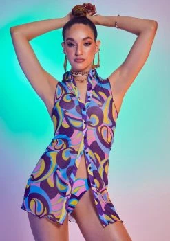 Jaded London Retro Floral Print Mesh Shirt Dress Dresses