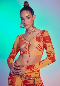 Jaded London Orange Tonal Ripped Magazine Print Mesh Top