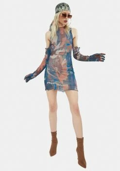 Jaded London Dresses Marble Print Cold Shoulder Glove Detail Mesh Mini Dress