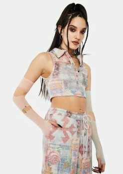 Jaded London Tapestry Print Rib Halter Top With Popper Fastening