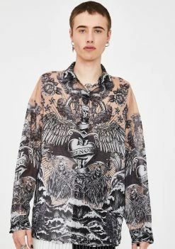 Jaded London Tattoo Print Chiffon Button Up Shirt