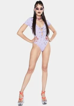 Jaded London Tops Lilac Cut Out Lace Up Bodysuit