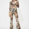 Jaded London Newspaper Print Mesh Flared Catsuit