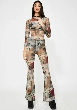 Jaded London Newspaper Print Mesh Flared Catsuit