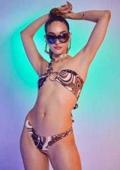 Jaded London Brown Swirl Flower Print Recycled Bikini Bottoms