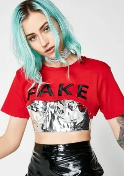 Jaded London Fake Crop Tee With Metallic PU Bralette