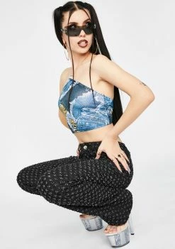 Jaded London Patchwork Denim Chain Halter Top