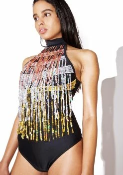 Jaded London Sequin Fringe High Neck Bodysuit Tops