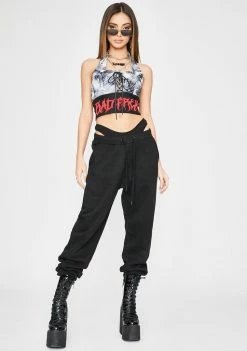 Jaded London Gothic Print Lace-Up Denim Halter Top