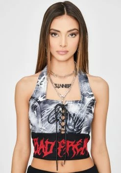 Jaded London Gothic Print Lace-Up Denim Halter Top