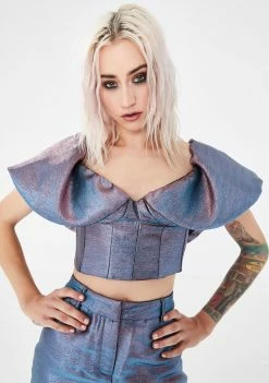 Jaded London Tops Pink Blue Metallic Puff Sleeve Crop Top
