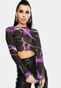 Jaded London Purple Lightning Print Long Sleeve Mesh Top