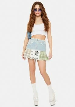 Jaded London Bottoms Denim Check Mix Distressed Peplum Mini Skirt