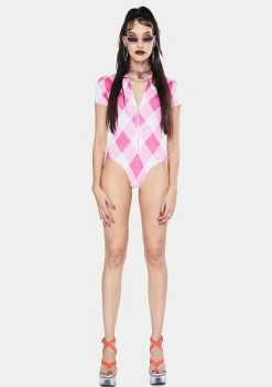 Jaded London Pink Diamond Check Print Zip Up Bodysuit Tops