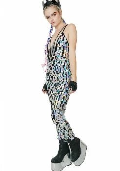 Jaded London Holographic Sequin Plunge Catsuit