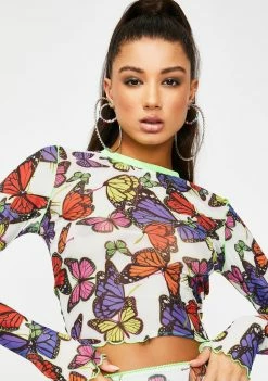 Jaded London Tops White Butterfly Print Mesh Top