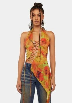 Jaded London Loco Print Halter Lace Up Top Crop Halter Top