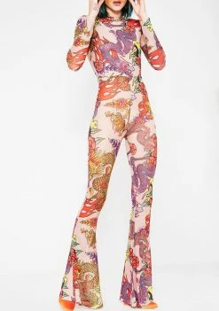 Jaded London Jumpsuits & Rompers Dragon Print Mesh Flared Catsuit