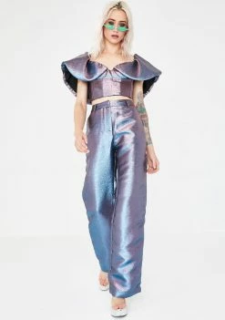 Jaded London Pink Blue Metallic Wide Leg Trousers