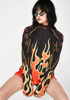 Jaded London Tops Red Flame Print High Neck Raglan Top