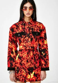 Jaded London Outerwear Flame Print Cropped Denim Jacket