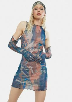 Jaded London Dresses Marble Print Cold Shoulder Glove Detail Mesh Mini Dress