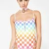 Jaded London Rainbow Checkerboard Lace Up Swimsuit