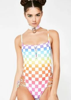 Jaded London Rainbow Checkerboard Lace Up Swimsuit