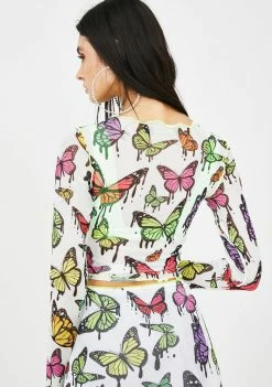 Jaded London Tops White Mesh Butterfly Print Crop Top
