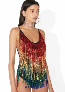 Jaded London Rainbow Fringe Sequin Plunge Swimsuit