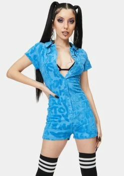 Jaded London Jumpsuits & Rompers Blue Graffiti Embossed Towelling Playsuit