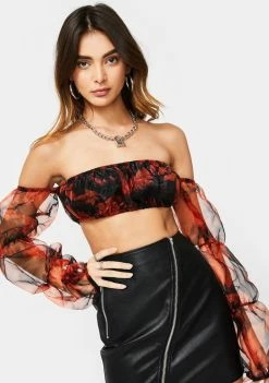 Jaded London Orange Tie Dye Organza Puff Sleeve Top Tops