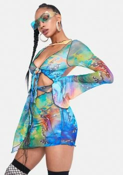 Jaded London Dresses Mix Fairy Print Tie Front Mesh Dress