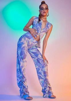 Jaded London Bottoms Blue Marble Print Ruched Hem Knit Joggers