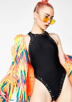 Jaded London Black Rhinestone Racer Neck Swimsuit