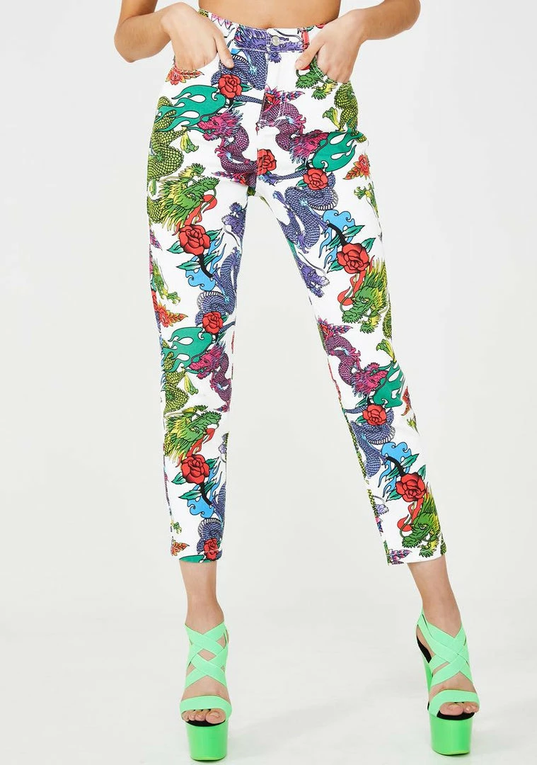 Buy ๐ Jaded London Bottoms White Dragon Print Mom ๐ Jeans ๐ 3 Jaded London Bottoms White Dragon Print Mom Jeans
