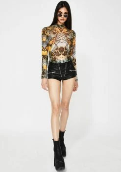 Jaded London Snake Print High Neck Mesh Bodysuit Tops