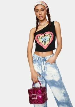 Jaded London One Shoulder Ribbed Top With Diamante Baby Girl Heart Graphic Tops