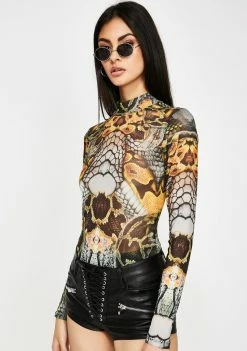 Jaded London Snake Print High Neck Mesh Bodysuit Tops
