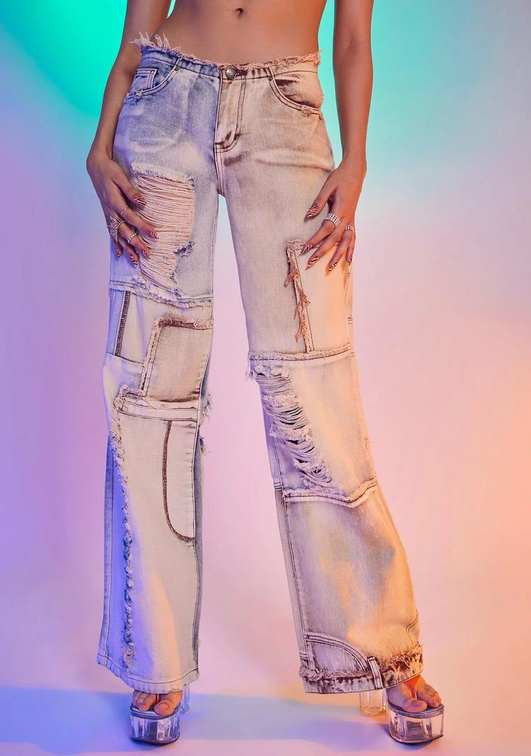 Cheap ✔️ Jaded London Brown Skater Fit Distressed Patchwork Denim 👖 Jeans Bottoms ⭐ 3 Jaded London Brown Skater Fit Distressed Patchwork Denim Jeans Bottoms