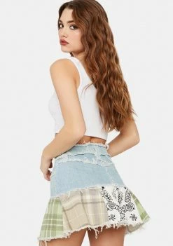 Jaded London Bottoms Denim Check Mix Distressed Peplum Mini Skirt