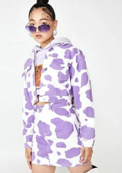 Jaded London Lilac Cow Print Denim Jacket