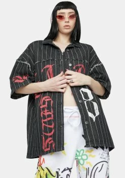 Jaded London Pinstripe Denim Oversized Button Up Shirt