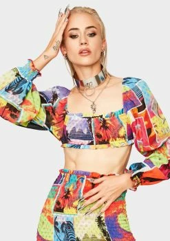 Jaded London Surf Poster Puff Sleeve Organza Top Tops