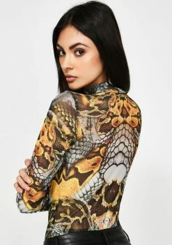 Jaded London Snake Print High Neck Mesh Bodysuit Tops