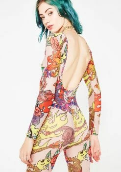 Jaded London Jumpsuits & Rompers Dragon Print Mesh Flared Catsuit