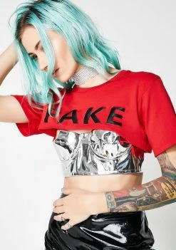 Jaded London Fake Crop Tee With Metallic PU Bralette