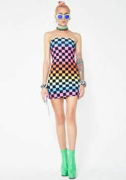 Jaded London Dresses Rainbow Checkboard Bodycon Mini Dress